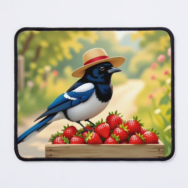 Item preview, Magpie on Strawberries – Cute Bird in a Straw Hat Illustration designed and sold by EmeraldeaArt.