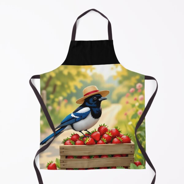 Item preview, Magpie on Strawberries – Cute Bird in a Straw Hat Illustration designed and sold by EmeraldeaArt.
