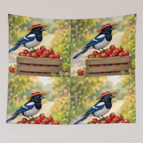 Item preview, Magpie on Strawberries – Cute Bird in a Straw Hat Illustration designed and sold by EmeraldeaArt.