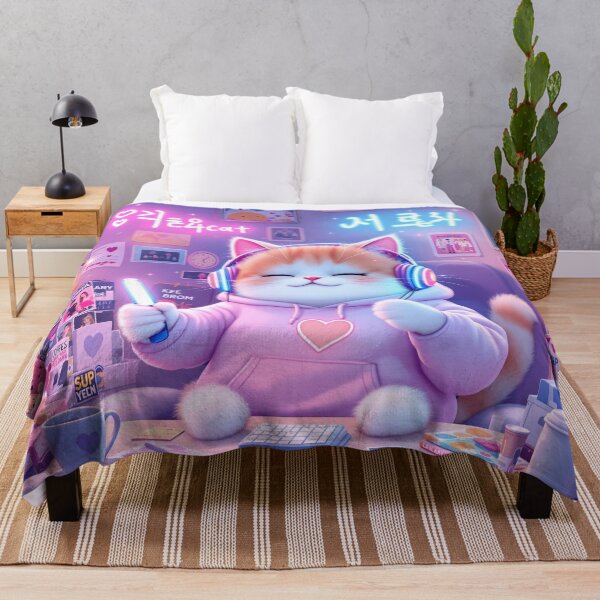 Item preview, Cozy K-Pop Cat Fan Art – Pastel Aesthetic Room with Neon Details designed and sold by KaryaVisionSTR.