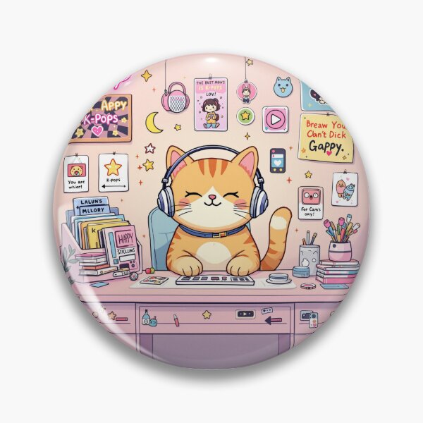 Item preview, Escritorio de DJ con Gato K-Pop: Ilustración digital de un gato amante de la música con pósteres y decoración de neón. designed and sold by KaryaVisionSTR.