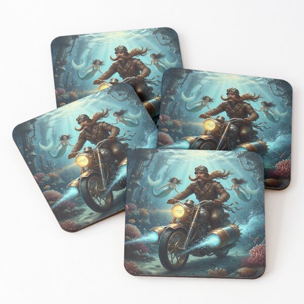 Item preview, Underwater Vibes – Steampunk Diver on Submarine Motorcycle with Mermaids designed and sold by VitalLifeForce.