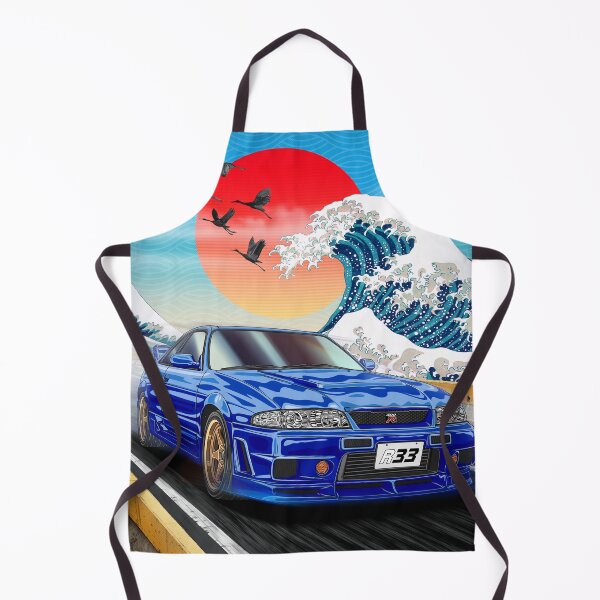 Artikelvorschau, Blaue GTR R33 Skyline mit japanischer Welle und aufgehender Sonne entworfen und verkauft von JDM Guyvit.