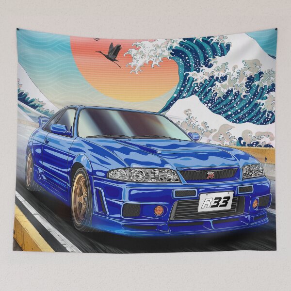 Item preview, Blue GTR R33 Skyline with Japanese Wave and Rising Sun Art designed and sold by JDM Guyvit.