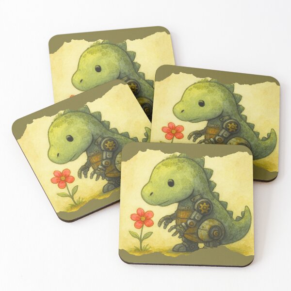 Item preview, Cute Robo Dino with Flower – Whimsical Steampunk Dinosaur Art designed and sold by GigsByGG.