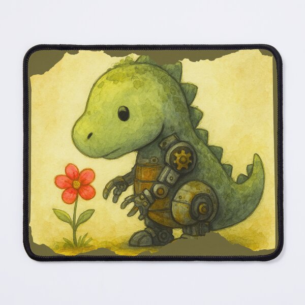 Item preview, Cute Robo Dino with Flower – Whimsical Steampunk Dinosaur Art designed and sold by GigsByGG.