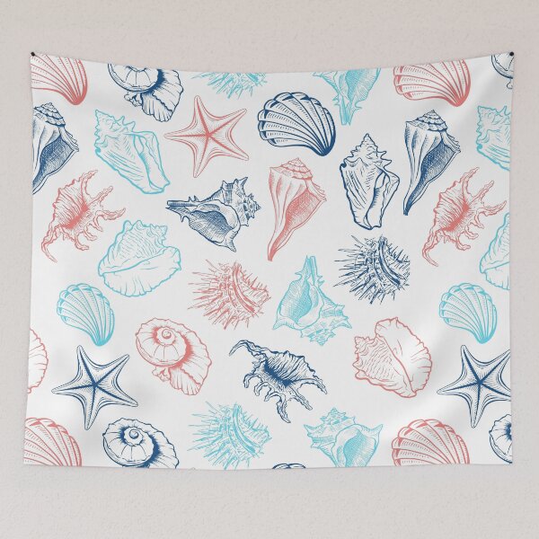 Item preview, Costal Sea Aesthetic - Ocean Seashells in Blue and Red Line Art designed and sold by yourgarden.