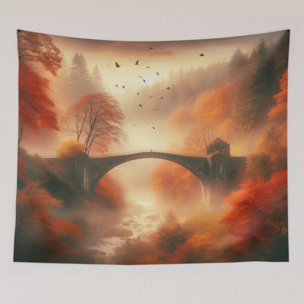 Item preview, Dreamy autumn scene: Picturesque bridge over misty river valley, surrounded by bright autumn colors designed and sold by FotoworldEdel.