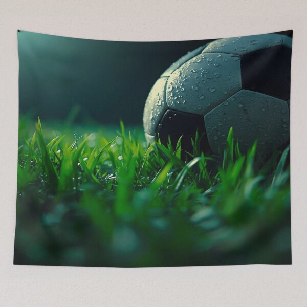 Artikelvorschau, Regengeküsster Fußball auf frischem grünen Gras entworfen und verkauft von VISTRAS.