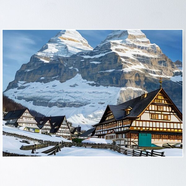 Item preview, A winter wonderland: A village in the mountains shines in the light of the setting sun designed and sold by FotoworldEdel.