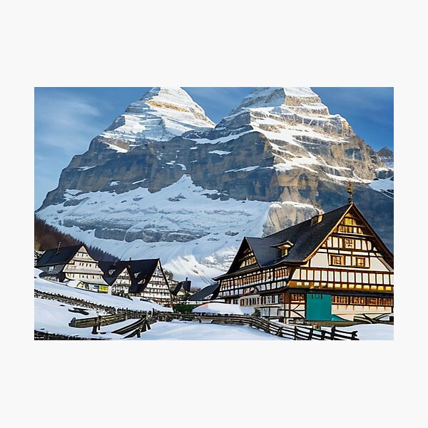 Artikelvorschau,  Ein Winterwunderland: Ein Dorf in den Bergen erstrahlt im Licht der untergehenden Sonne entworfen und verkauft von FotoworldEdel.