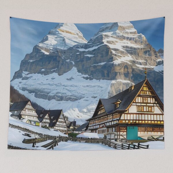Item preview, A winter wonderland: A village in the mountains shines in the light of the setting sun designed and sold by FotoworldEdel.