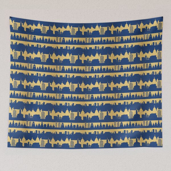 Item preview, Seamless Blue and Gold City Skyline Pattern with Churches designed and sold by RGShirtWorks.