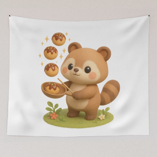 Item preview, Cute Raccoon Cooking Takayaki Octopus Balls - Kawaii Japanese Cottagecore Art designed and sold by Moons Studio.