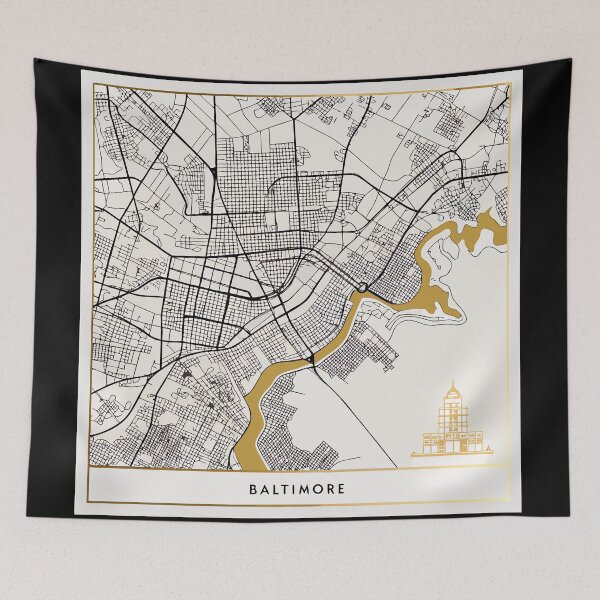 Item preview, Minimalist Baltimore Street Map – Black & White City Art with Gold Accents designed and sold by VividOrganica.