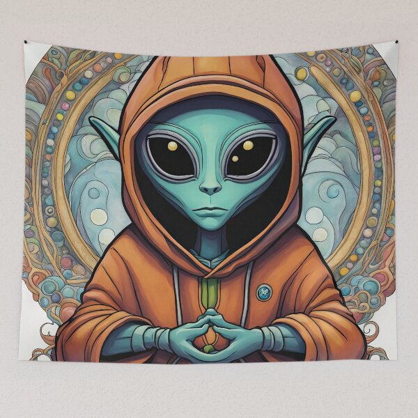 Item preview, Alien wearing a hoodie sitting in the lotus position meditating designed and sold by Colin Bentham.