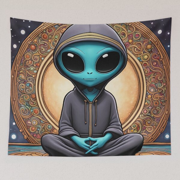 Item preview, Alien wearing a hoodie sitting in the lotus position meditating designed and sold by Colin Bentham.
