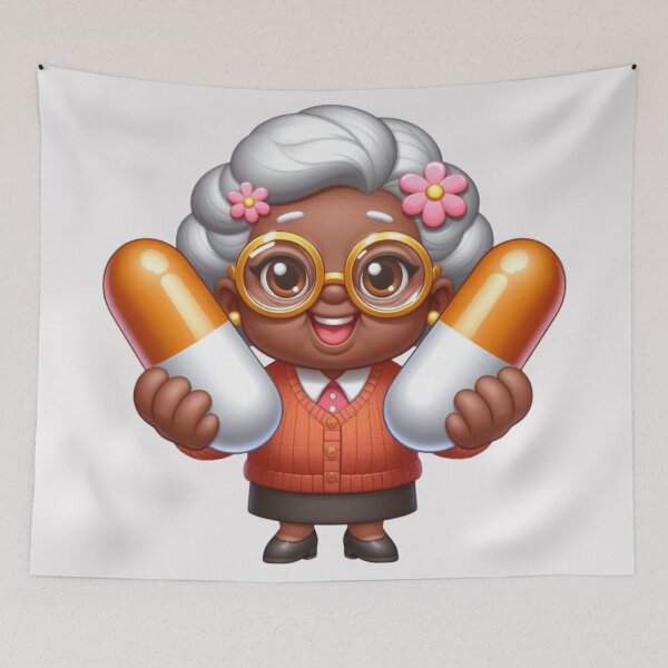 Artikelvorschau, Afro Oma mit Pillen Aufkleber | Lustige süße Oma Cartoon entworfen und verkauft von Lulunza.