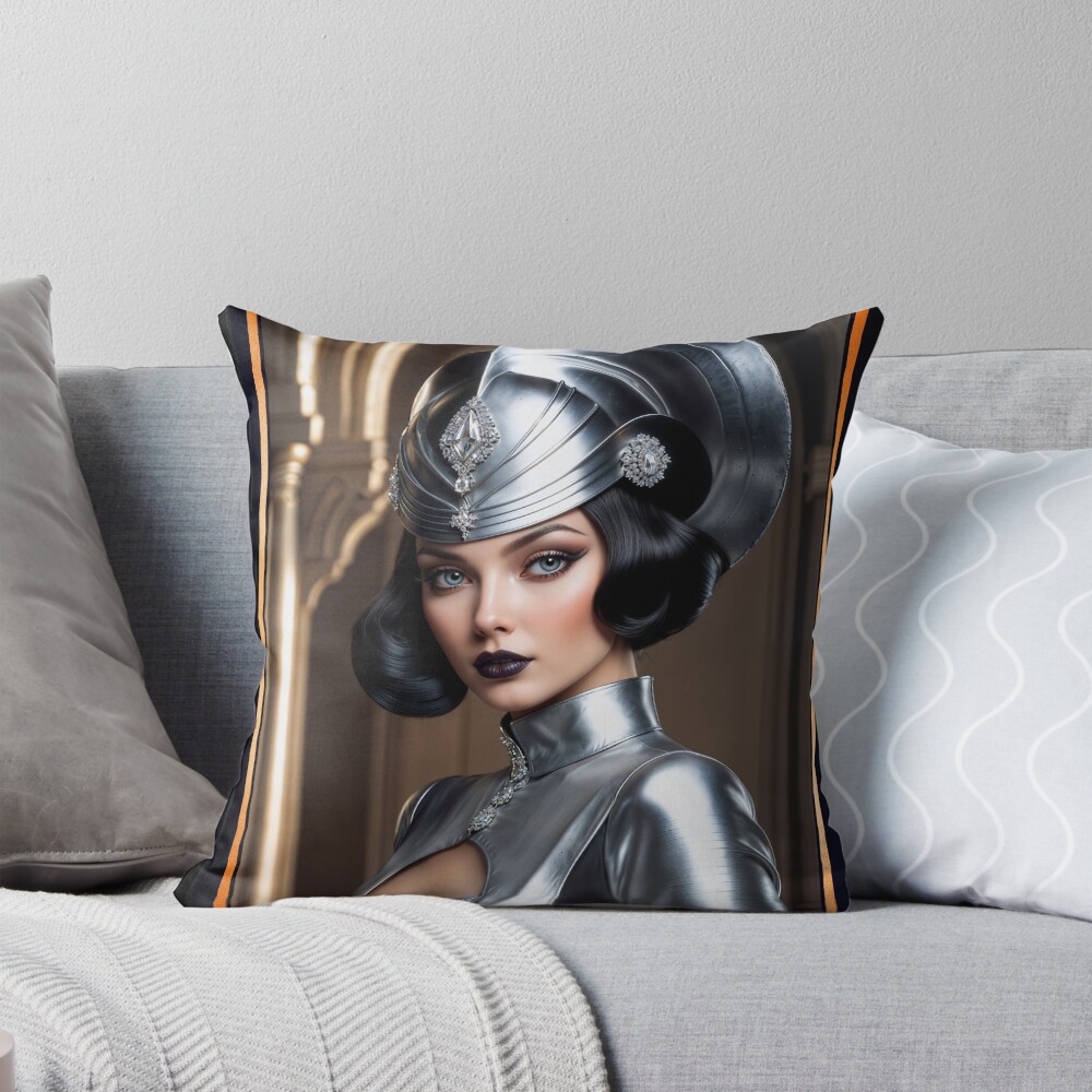 Retro-Futuristic Art Deco Portrait Of Lucciana Vellariana Mesmerizing AI Concept Art by Xzendor7 Decorative Art Print Throw Pillow