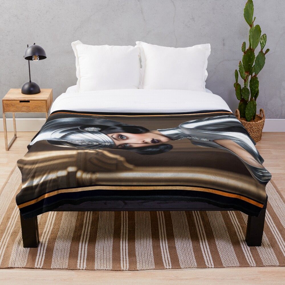 Retro-Futuristic Art Deco Portrait Of Lucciana Vellariana Mesmerizing AI Concept Art by Xzendor7 Decorative Art Print Throw Blanket