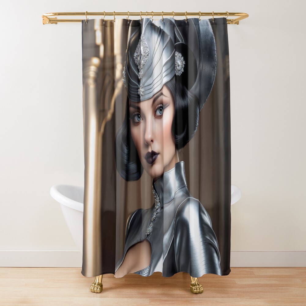 Retro-Futuristic Art Deco Portrait Of Lucciana Vellariana Mesmerizing AI Concept Art by Xzendor7 Decorative Art Print Shower Curtain