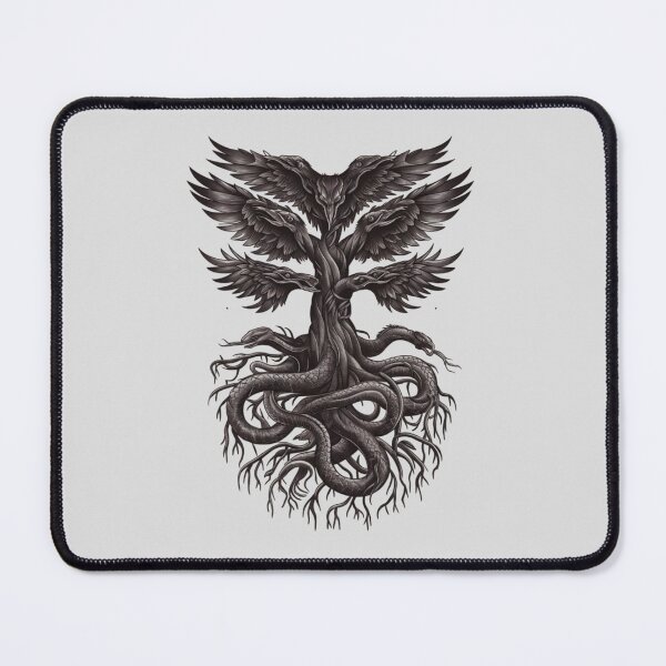 Item preview, Yggdrasil, the Norse world tree, with roots intertwining into serpents and branches reaching toward ravens designed and sold by 123ks.