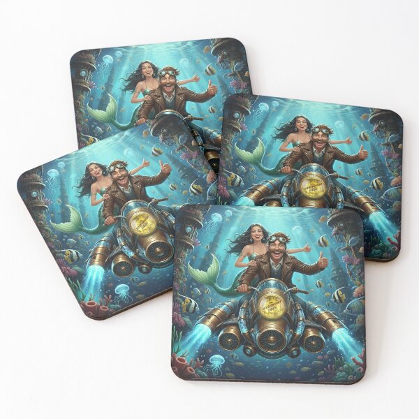 Item preview, Underwater Vibes – Steampunk Diver, Mr. Vibe & Mermaid on Submarine Bike | Retro Fantasy Art designed and sold by VitalLifeForce.