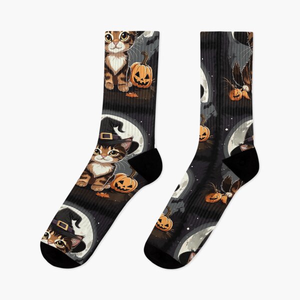 Item preview, Little Halloween night cat orange striped with witch hat, pumpkin, bats night sky designed and sold by LiskoDesign.