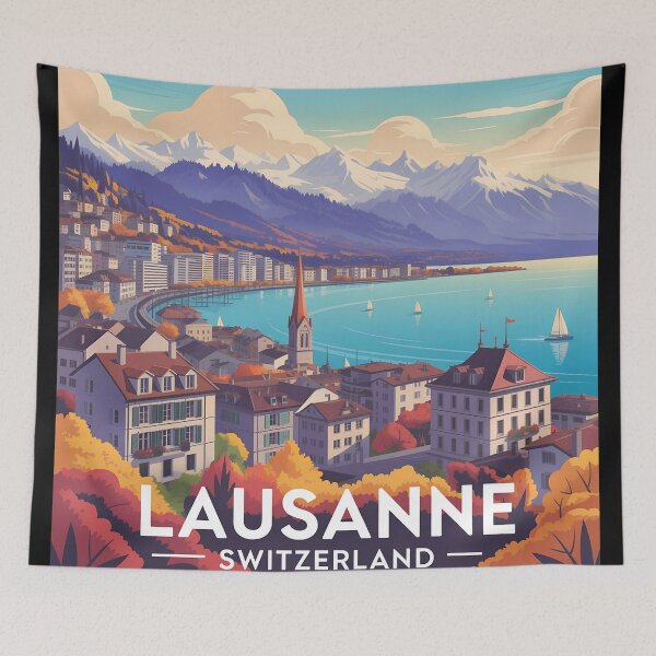 Item preview, Lausanne Switzerland Vintage Travel Poster – Stylized Alps Cityscape Illustration designed and sold by VividOrganica.