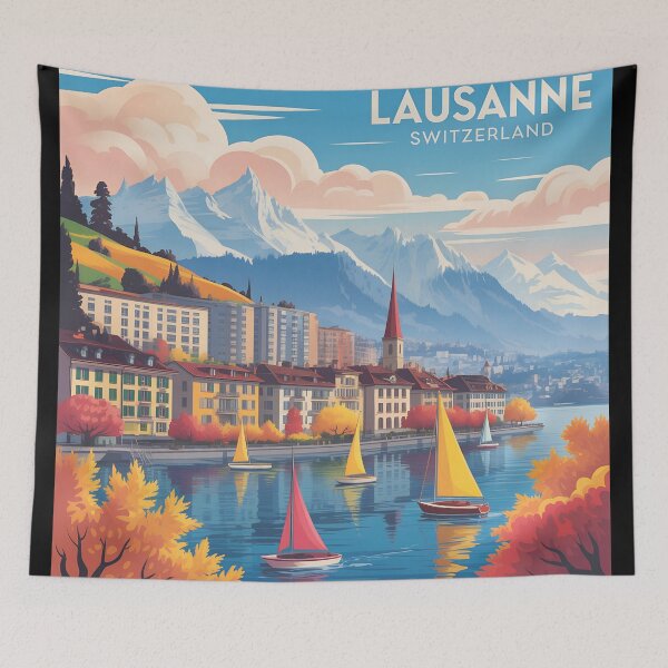 Item preview, Lausanne Switzerland Wall Art – Retro Alps Travel Poster Illustration designed and sold by VividOrganica.