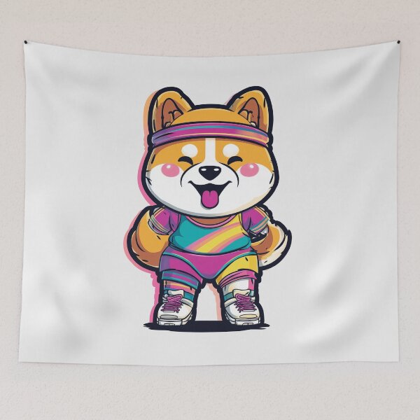 Item preview, Retro 80s Workout Shiba Inu Dog – Kawaii Fitness Sticker & T-shirt Design designed and sold by Clawffirmations.