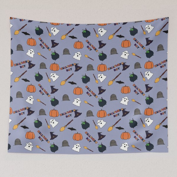 Item preview, Halloween seamless pattern with ghosts, pumpkins, witch hats, cauldrons, tombstones, brooms, bats, and “HALLOWEEN DAY” text. Perfect for decorations, prints, or fabric designs. designed and sold by NorikoRabbit.