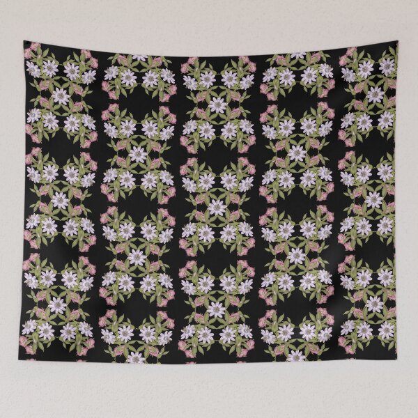 Item preview, Passiflora herbertiana, Helleborus orientalis. Botanical watercolor composition with purple and pink flowers, green leaves designed and sold by Grin Katalina Floral Patterns & Cozy Art.
