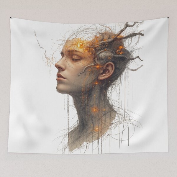 Item preview, AI & Human Symbiosis Head – Futuristic Hand-Drawn Neural Fusion Art designed and sold by Jennah.
