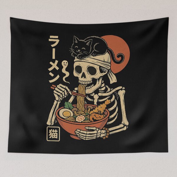 Item preview, Samurai Skeleton Slurping Ramen with Black Cat & Moon Japanese Retro Noodle Art Vintage Style designed and sold by Damcoc.