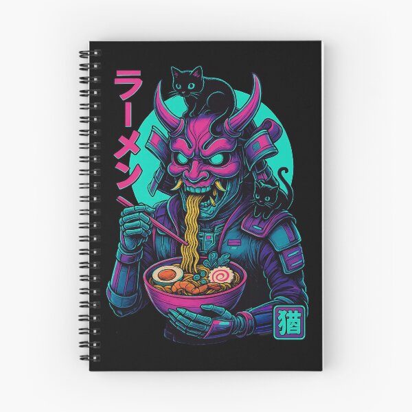 Aperçu de l'œuvre Oni Samurai Ramen avec des chats noirs Neon Tokyo Art Synthwave Style créée et vendue par Damcoc.