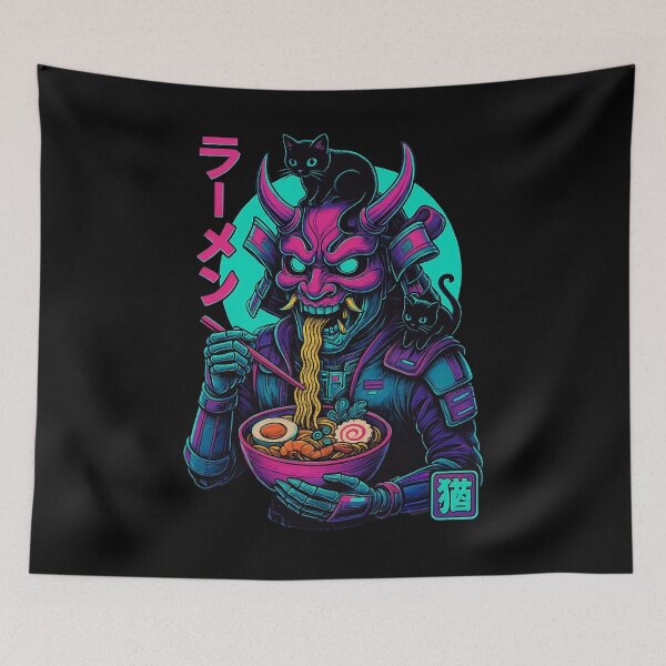Item preview, Oni Samurai Ramen with Black Cats Neon Tokyo Art Synthwave Style designed and sold by Damcoc.