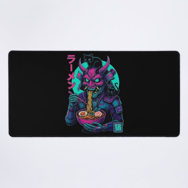 Aperçu de l'œuvre Oni Samurai Ramen avec des chats noirs Neon Tokyo Art Synthwave Style créée et vendue par Damcoc.