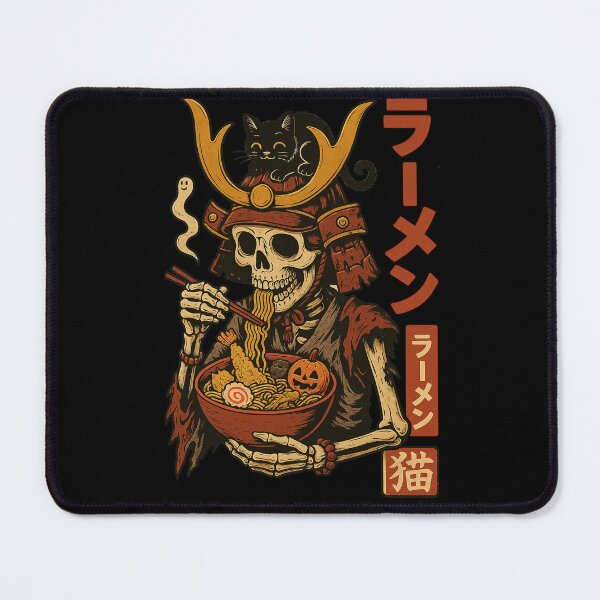 Item preview, Ronin Samurai Skeleton Eating Ramen with Black Cat Japanese Halloween Noodle Art designed and sold by Damcoc.