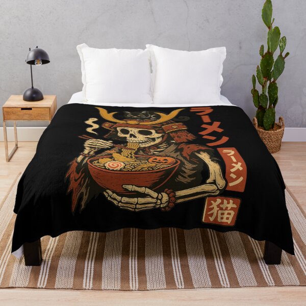 Item preview, Ronin Samurai Skeleton Eating Ramen with Black Cat Japanese Halloween Noodle Art designed and sold by Damcoc.