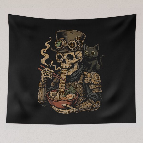 Item preview, Steampunk Skeleton Ramen with Black Cat Clockwork Japanese Noodle Art Victorian Steampunk Style designed and sold by Damcoc.