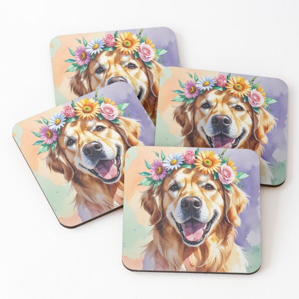 Item preview, Cute watercolor portrait of a happy golden retriever in a flower crown designed and sold by Artshopprivate.