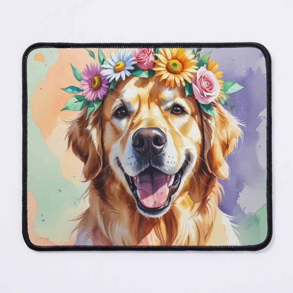 Item preview, Cute watercolor portrait of a happy golden retriever in a flower crown designed and sold by Artshopprivate.