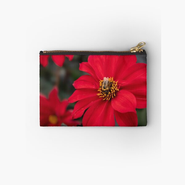 Item preview, Red Dahlia Flower with Bee gathering nectar designed and sold by CEastwoodPhotos.