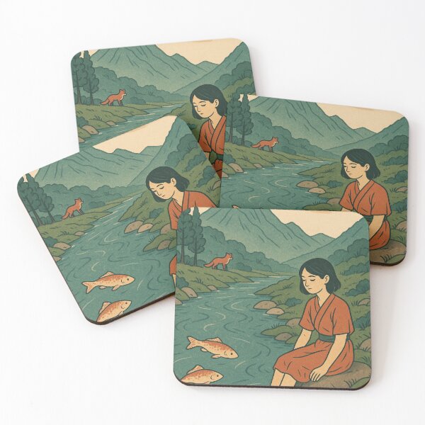 Item preview, Japanese River Landscape with Girl and Fox designed and sold by ilkami.