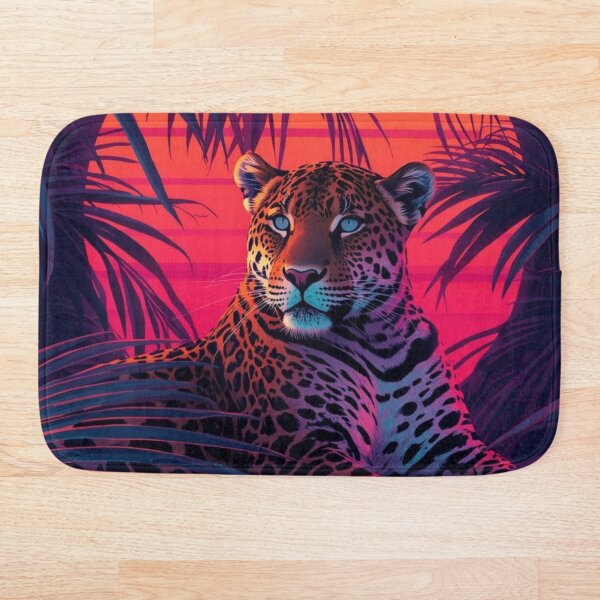 Artikelvorschau, „Majestätischer Jaguar mit Neon-Sonnenuntergang und tropischen Palmen“ entworfen und verkauft von NomadikStudio.