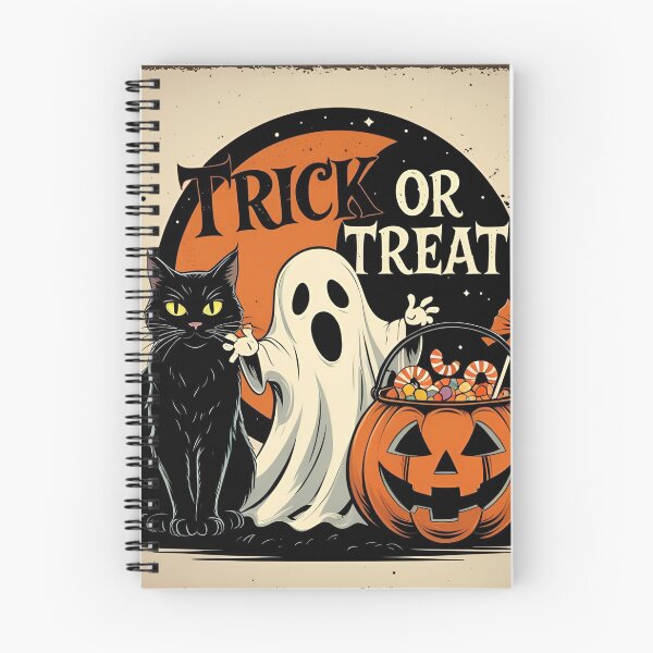 Item preview, Vintage Halloween Wall Art, Trick or Treat Halloween Cat and Ghost Illustration | Pumpkin Candy Art designed and sold by Mozyden.