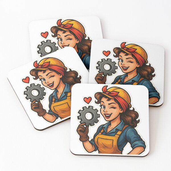 Item preview, Cartoon Woman in Hard Hat Holding Gear with Heart on Black Background designed and sold by Creative88Art.