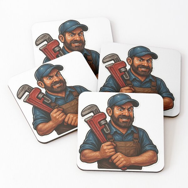 Item preview, Illustration of a Bearded Man Holding a Red Pipe Wrench on Black designed and sold by Creative88Art.