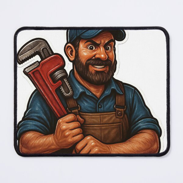 Item preview, Illustration of a Bearded Man Holding a Red Pipe Wrench on Black designed and sold by Creative88Art.